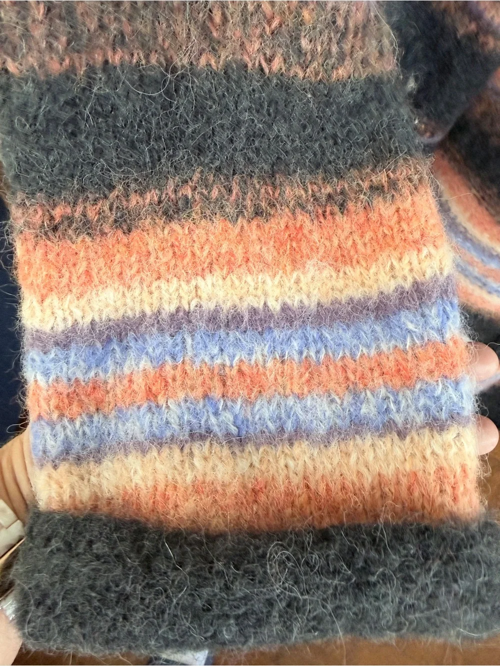 Free People vintage Charcoal Striped Open-Front Cardigan with Rust & Blue